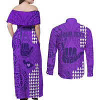 Personalised Strong Maui Couples Matching Off Shoulder Maxi Dress and Long Sleeve Button Shirts Good Living Hawaii with Shaka Sign Kakau Tribal Purple LT9 - Polynesian Pride
