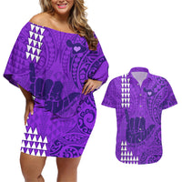 Personalised Strong Maui Couples Matching Off Shoulder Short Dress and Hawaiian Shirt Good Living Hawaii with Shaka Sign Kakau Tribal Purple LT9 Purple - Polynesian Pride