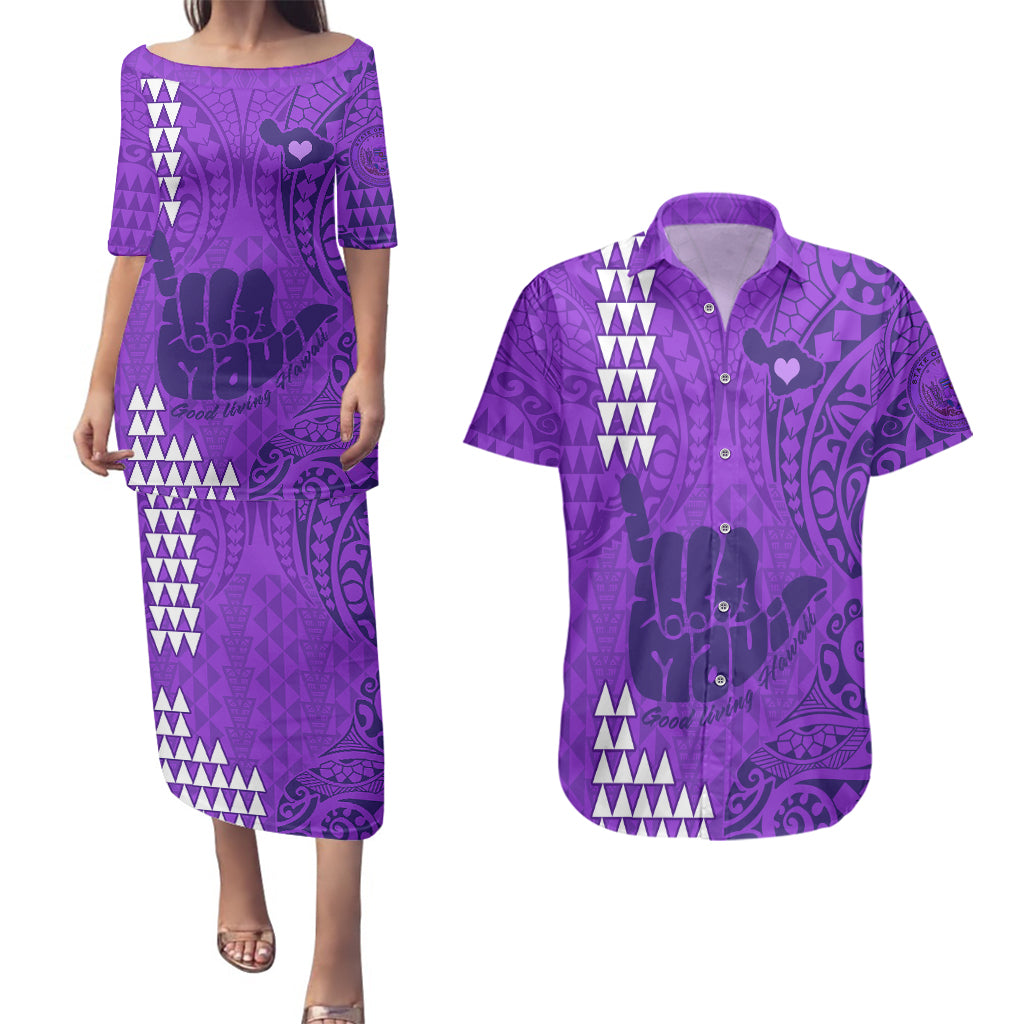 Personalised Strong Maui Couples Matching Puletasi Dress and Hawaiian Shirt Good Living Hawaii with Shaka Sign Kakau Tribal Purple LT9 Purple - Polynesian Pride