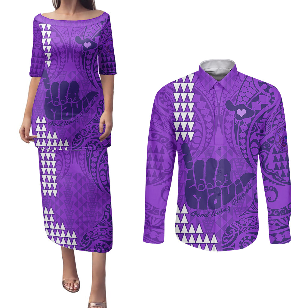 Personalised Strong Maui Couples Matching Puletasi Dress and Long Sleeve Button Shirts Good Living Hawaii with Shaka Sign Kakau Tribal Purple LT9 Purple - Polynesian Pride