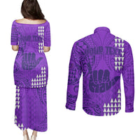 Personalised Strong Maui Couples Matching Puletasi Dress and Long Sleeve Button Shirts Good Living Hawaii with Shaka Sign Kakau Tribal Purple LT9 - Polynesian Pride