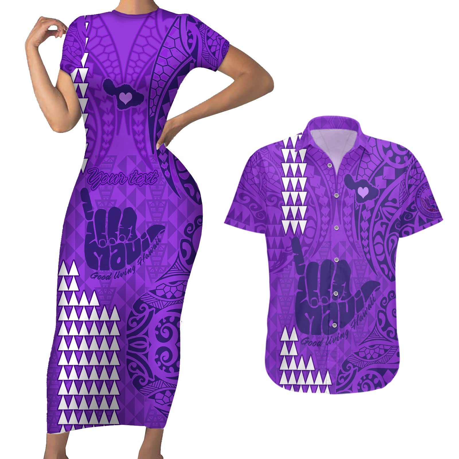 Personalised Strong Maui Couples Matching Short Sleeve Bodycon Dress and Hawaiian Shirt Good Living Hawaii with Shaka Sign Kakau Tribal Purple LT9 Purple - Polynesian Pride