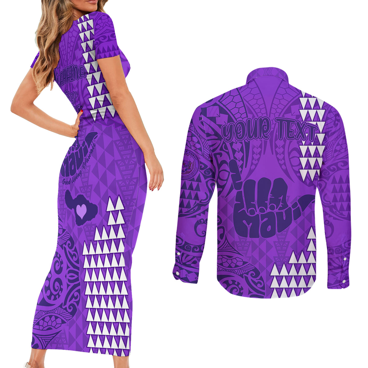 Personalised Strong Maui Couples Matching Short Sleeve Bodycon Dress and Long Sleeve Button Shirts Good Living Hawaii with Shaka Sign Kakau Tribal Purple LT9 - Polynesian Pride