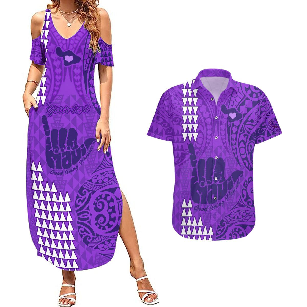 Personalised Strong Maui Couples Matching Summer Maxi Dress and Hawaiian Shirt Good Living Hawaii with Shaka Sign Kakau Tribal Purple LT9 Purple - Polynesian Pride