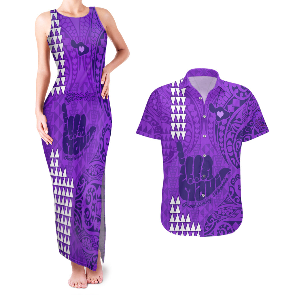 Personalised Strong Maui Couples Matching Tank Maxi Dress and Hawaiian Shirt Good Living Hawaii with Shaka Sign Kakau Tribal Purple LT9 Purple - Polynesian Pride