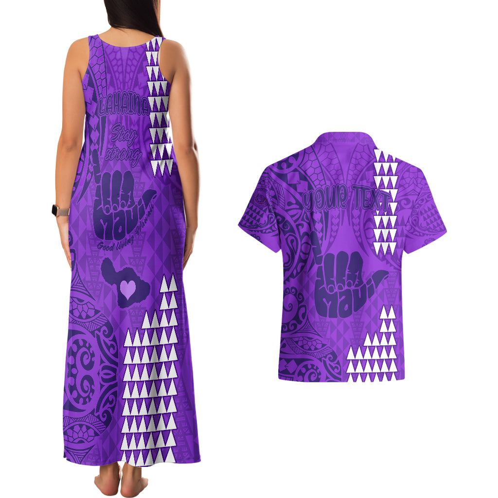 Personalised Strong Maui Couples Matching Tank Maxi Dress and Hawaiian Shirt Good Living Hawaii with Shaka Sign Kakau Tribal Purple LT9 - Polynesian Pride