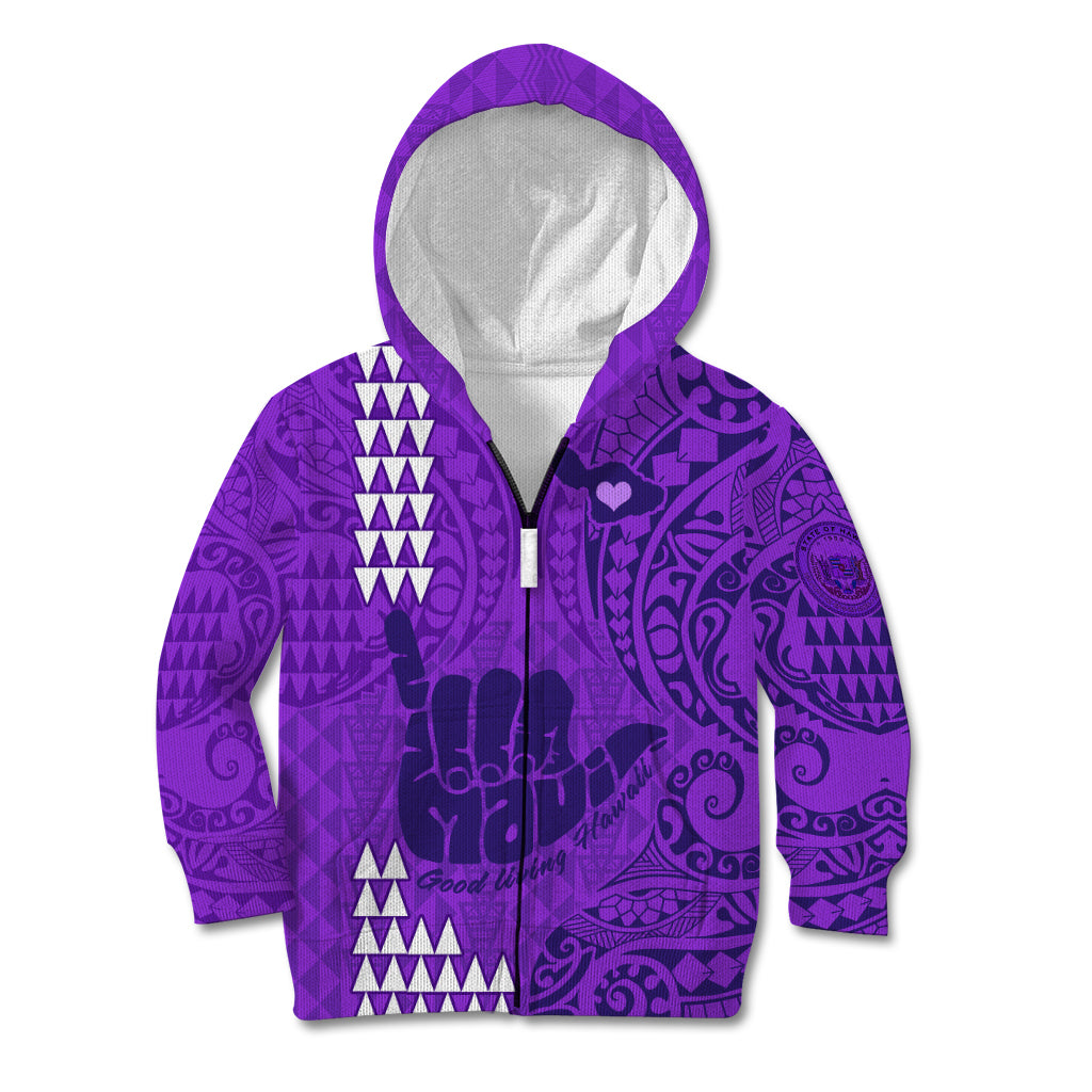 Personalised Strong Maui Kid Hoodie Good Living Hawaii with Shaka Sign Kakau Tribal Purple LT9 Zip Hoodie Purple - Polynesian Pride