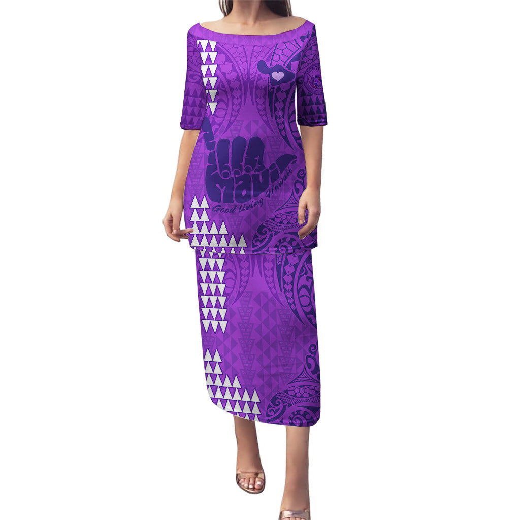 Personalised Strong Maui Puletasi Good Living Hawaii with Shaka Sign Kakau Tribal Purple LT9 Long Dress Purple - Polynesian Pride