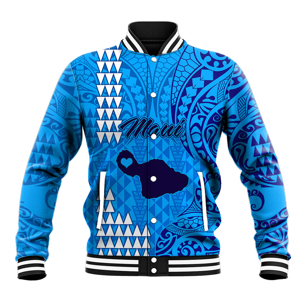 Maui Island Baseball Jacket Kakau Tribal Mixed Polynesian Pattern Blue LT9 Unisex Blue - Polynesian Pride