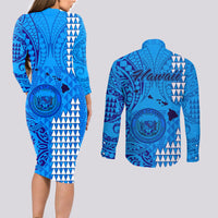 Maui Island Couples Matching Long Sleeve Bodycon Dress and Long Sleeve Button Shirts Kakau Tribal Mixed Polynesian Pattern Blue LT9 - Polynesian Pride