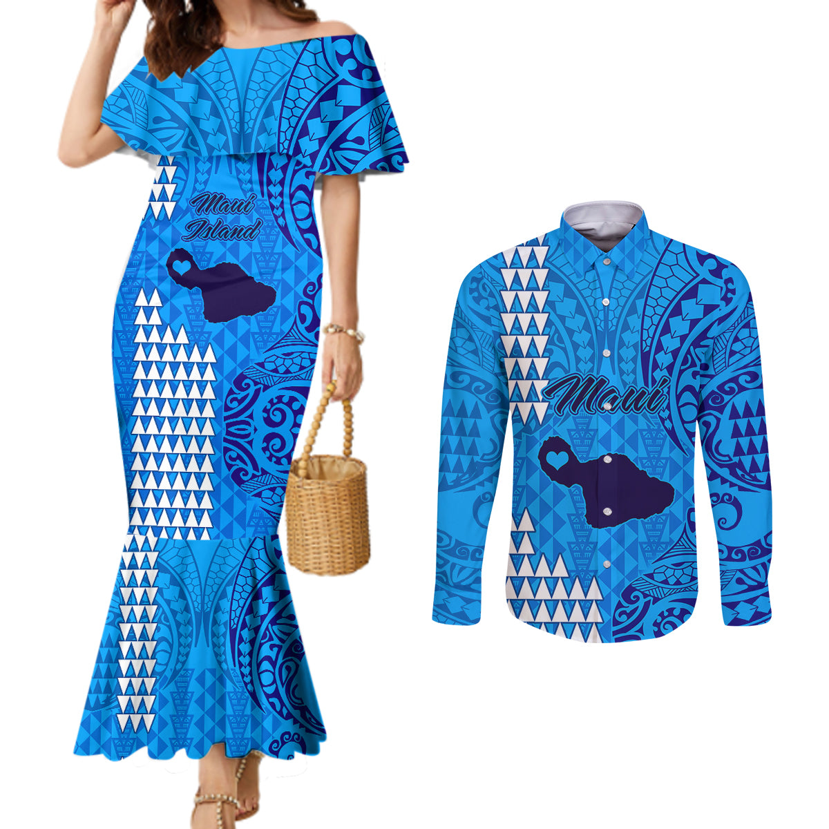 Maui Island Couples Matching Mermaid Dress and Long Sleeve Button Shirts Kakau Tribal Mixed Polynesian Pattern Blue LT9 Blue - Polynesian Pride