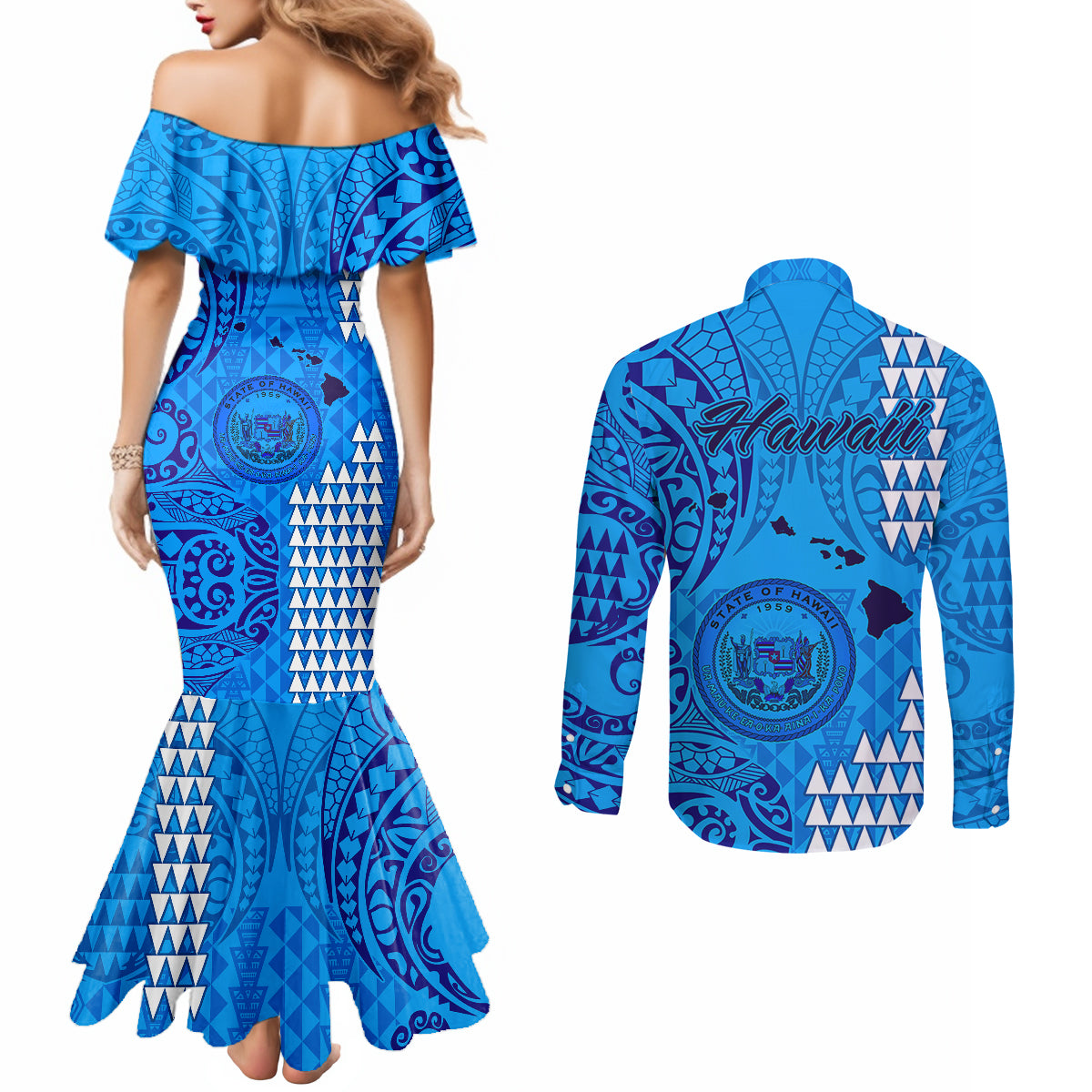 Maui Island Couples Matching Mermaid Dress and Long Sleeve Button Shirts Kakau Tribal Mixed Polynesian Pattern Blue LT9 - Polynesian Pride