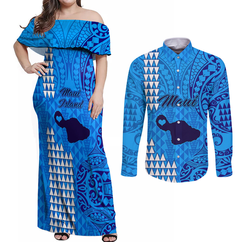 Maui Island Couples Matching Off Shoulder Maxi Dress and Long Sleeve Button Shirts Kakau Tribal Mixed Polynesian Pattern Blue LT9 Blue - Polynesian Pride