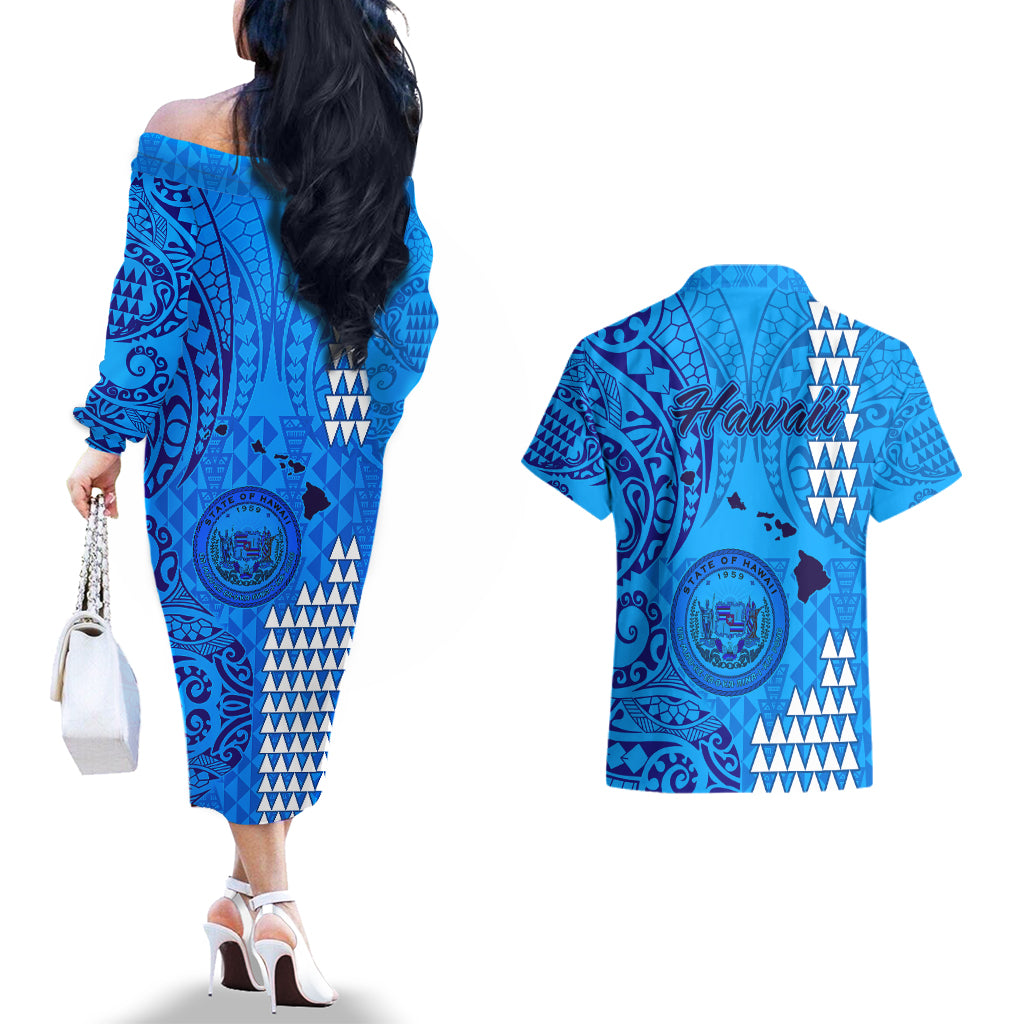 Maui Island Couples Matching Off The Shoulder Long Sleeve Dress and Hawaiian Shirt Kakau Tribal Mixed Polynesian Pattern Blue LT9 - Polynesian Pride