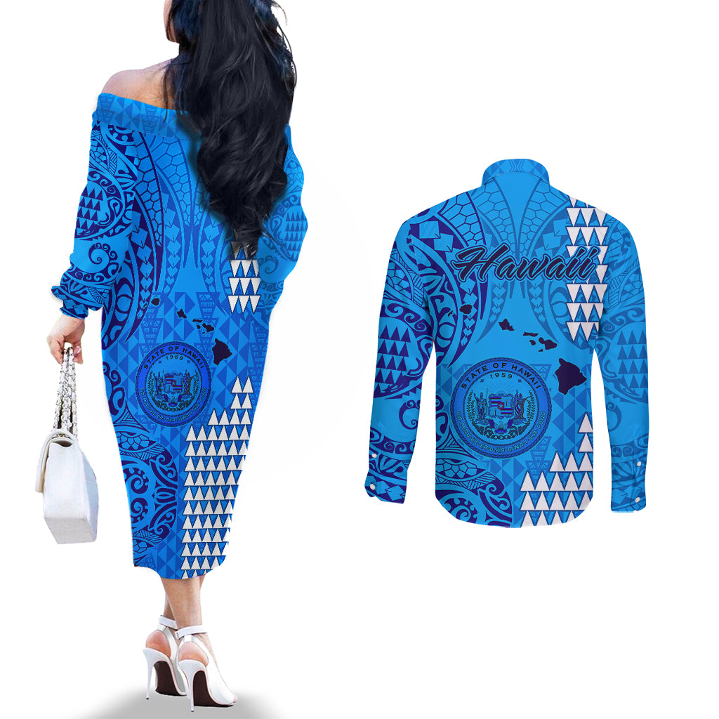 Maui Island Couples Matching Off The Shoulder Long Sleeve Dress and Long Sleeve Button Shirts Kakau Tribal Mixed Polynesian Pattern Blue LT9 - Polynesian Pride