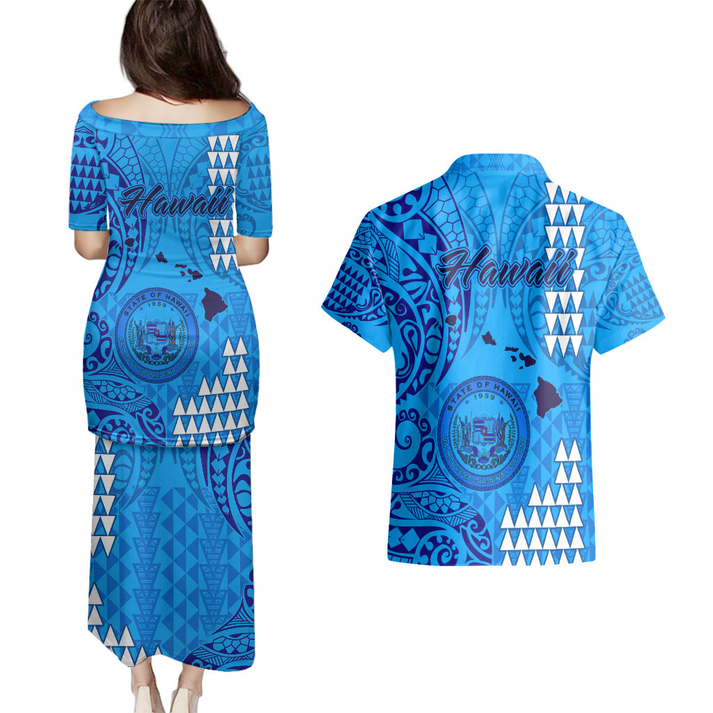 Maui Island Couples Matching Puletasi Dress and Hawaiian Shirt Kakau Tribal Mixed Polynesian Pattern Blue LT9 - Polynesian Pride
