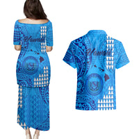 Maui Island Couples Matching Puletasi Dress and Hawaiian Shirt Kakau Tribal Mixed Polynesian Pattern Blue LT9 - Polynesian Pride