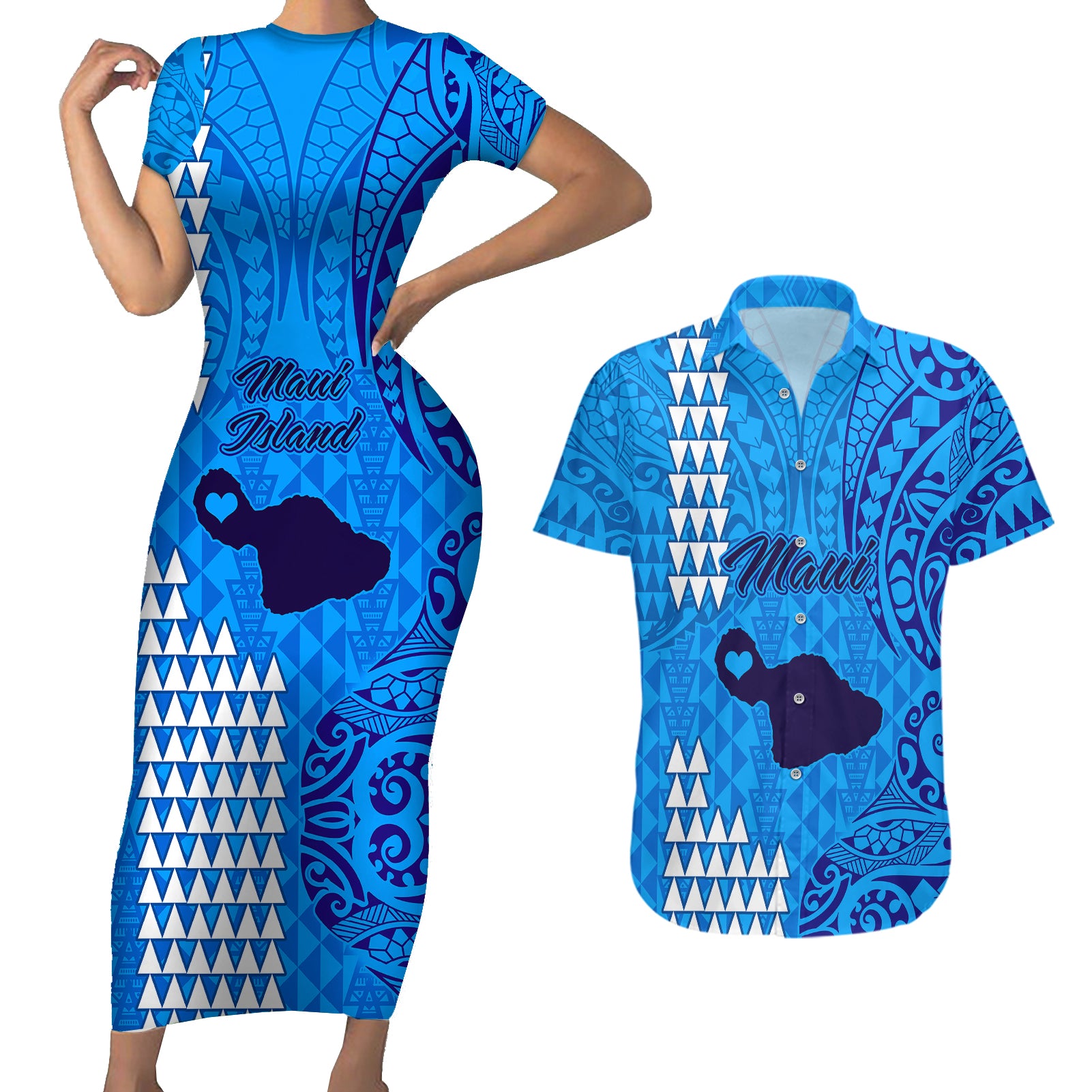 Maui Island Couples Matching Short Sleeve Bodycon Dress and Hawaiian Shirt Kakau Tribal Mixed Polynesian Pattern Blue LT9 Blue - Polynesian Pride