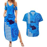 Maui Island Couples Matching Summer Maxi Dress and Hawaiian Shirt Kakau Tribal Mixed Polynesian Pattern Blue LT9 Blue - Polynesian Pride