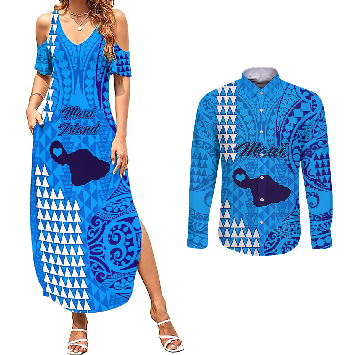 Maui Island Couples Matching Summer Maxi Dress and Long Sleeve Button Shirts Kakau Tribal Mixed Polynesian Pattern Blue LT9 Blue - Polynesian Pride