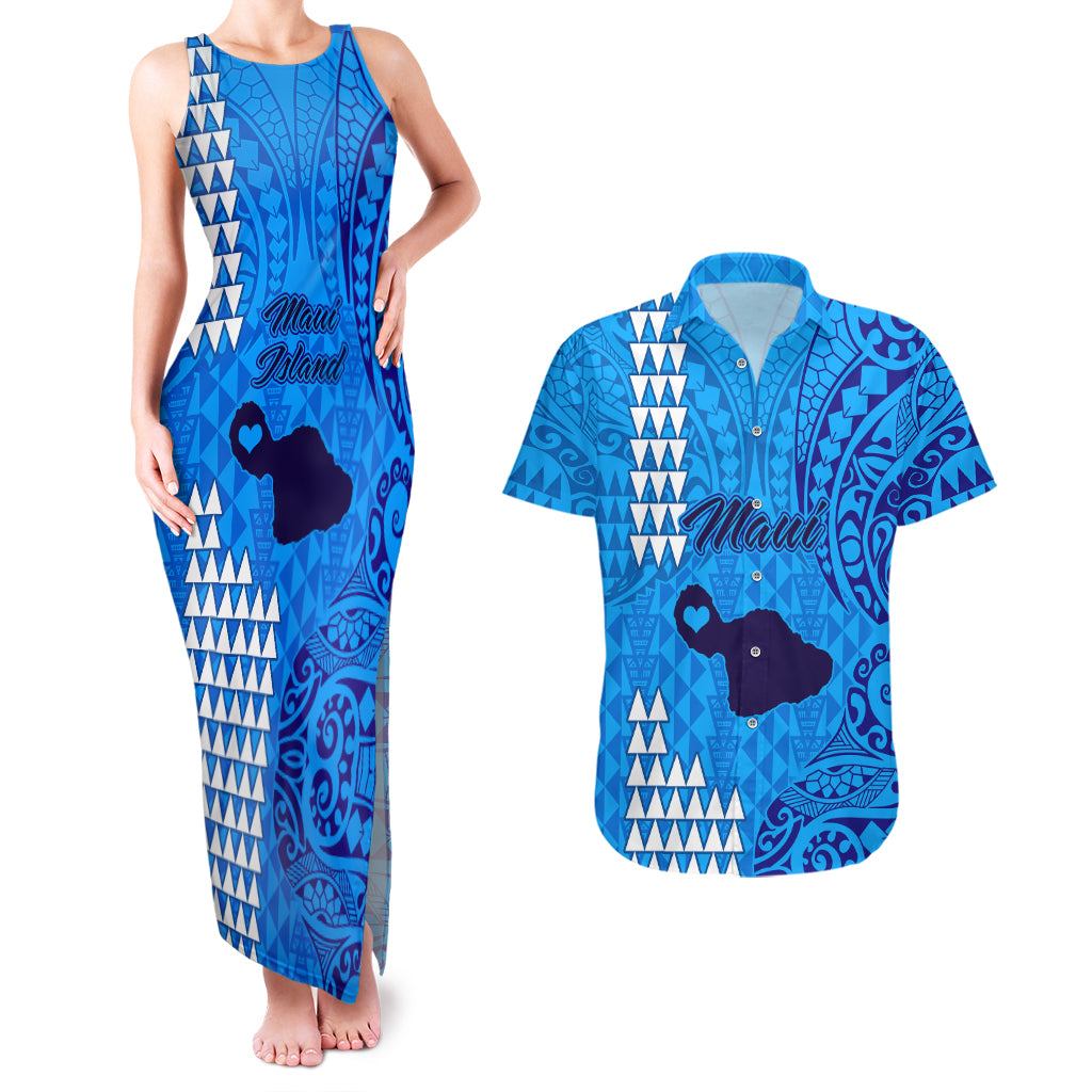 Maui Island Couples Matching Tank Maxi Dress and Hawaiian Shirt Kakau Tribal Mixed Polynesian Pattern Blue LT9 Blue - Polynesian Pride