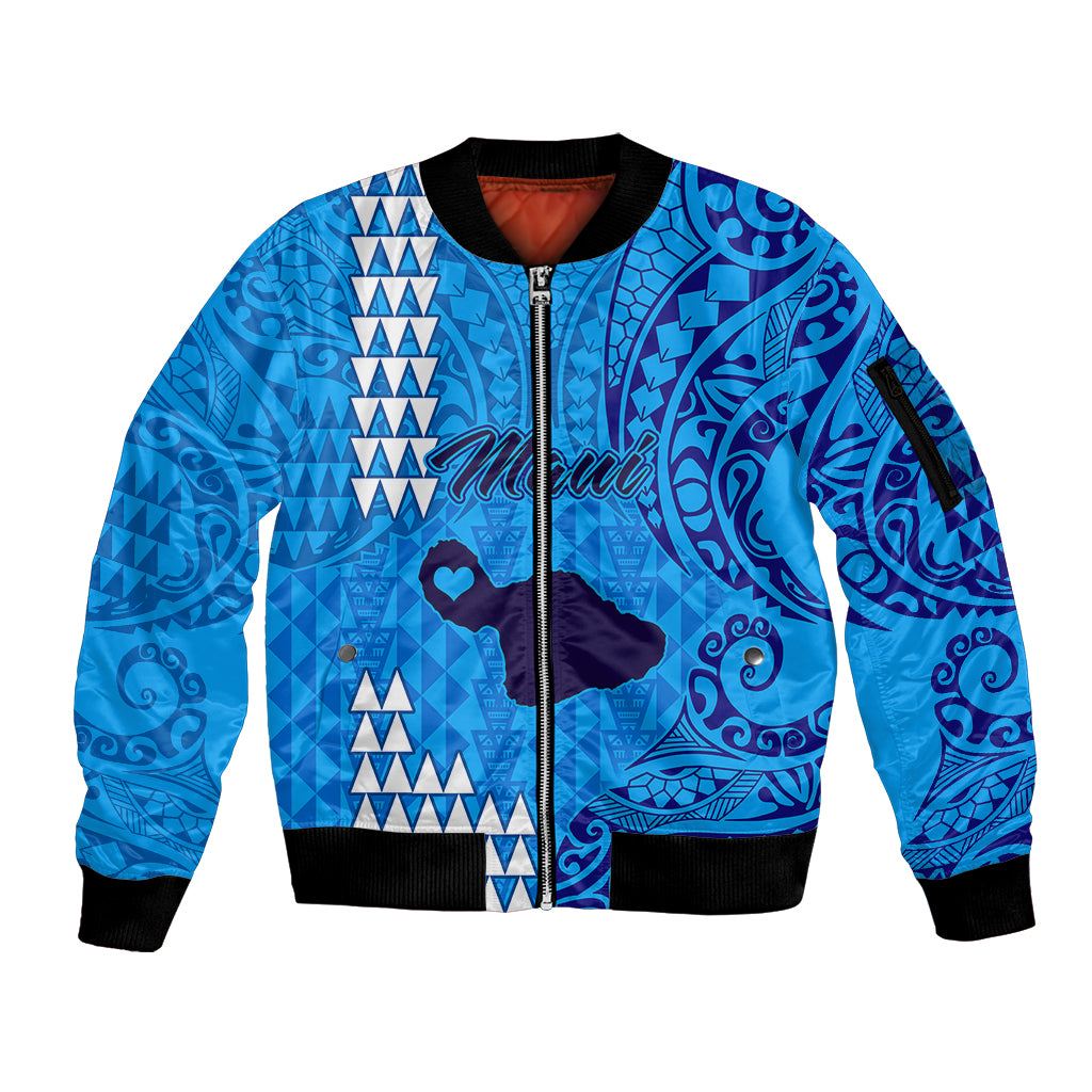 Maui Island Sleeve Zip Bomber Jacket Kakau Tribal Mixed Polynesian Pattern Blue LT9 Unisex Blue - Polynesian Pride