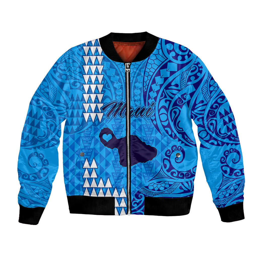 Personalised Maui Island Bomber Jacket Kakau Tribal Mixed Polynesian Pattern Blue LT9 Unisex Blue - Polynesian Pride