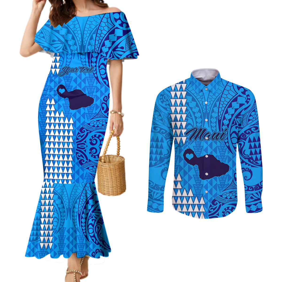 Personalised Maui Island Couples Matching Mermaid Dress and Long Sleeve Button Shirts Kakau Tribal Mixed Polynesian Pattern Blue LT9 Blue - Polynesian Pride