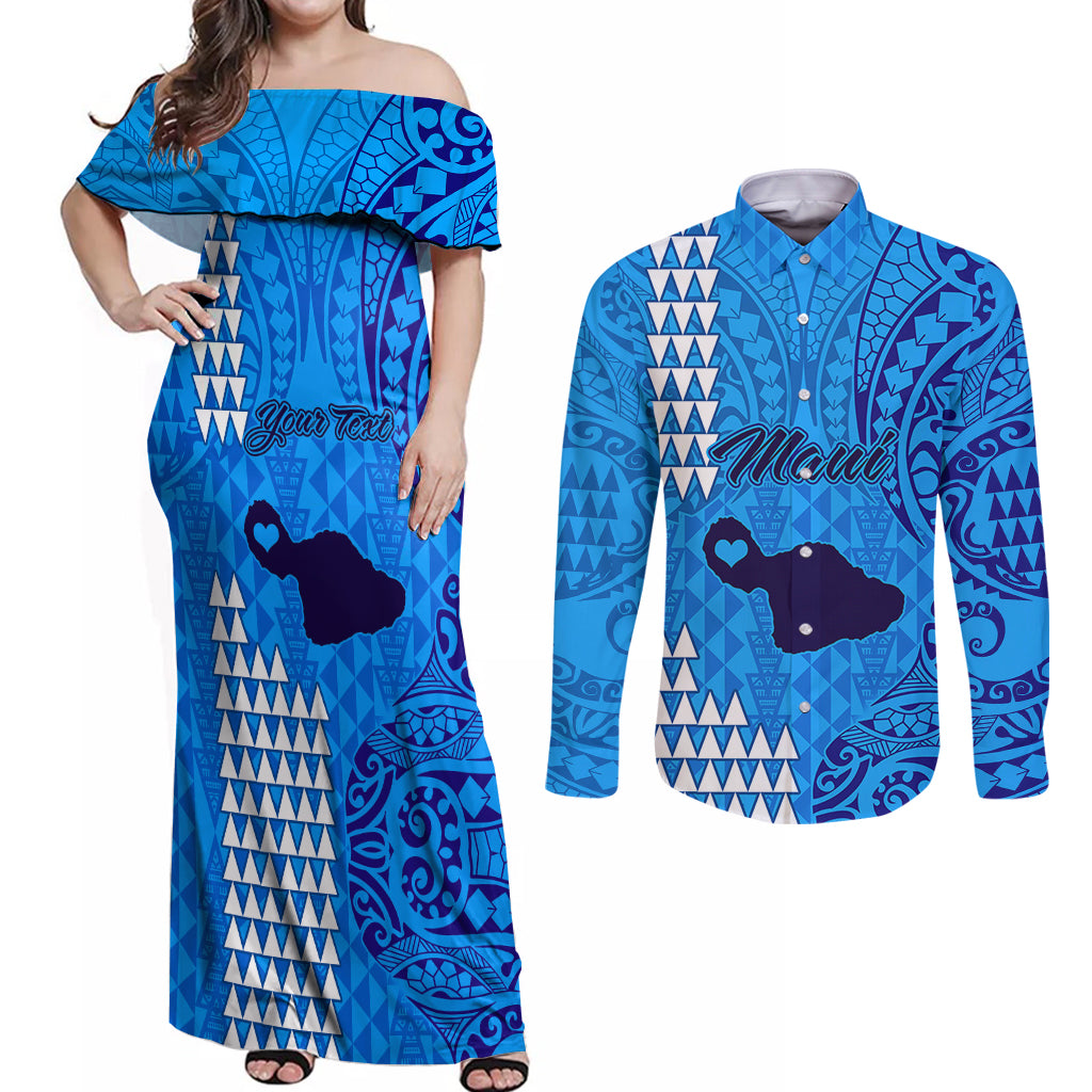 Personalised Maui Island Couples Matching Off Shoulder Maxi Dress and Long Sleeve Button Shirts Kakau Tribal Mixed Polynesian Pattern Blue LT9 Blue - Polynesian Pride