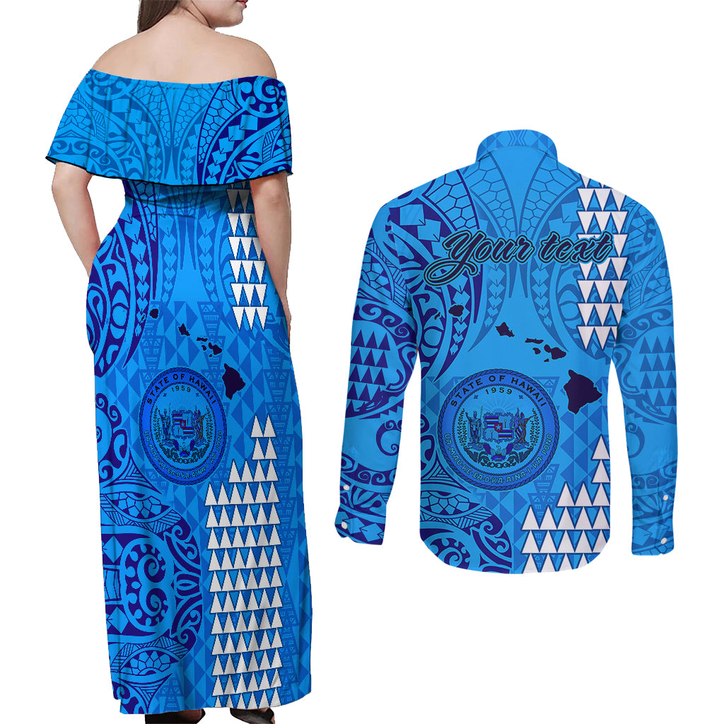 Personalised Maui Island Couples Matching Off Shoulder Maxi Dress and Long Sleeve Button Shirts Kakau Tribal Mixed Polynesian Pattern Blue LT9 - Polynesian Pride