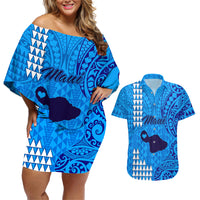 Personalised Maui Island Couples Matching Off Shoulder Short Dress and Hawaiian Shirt Kakau Tribal Mixed Polynesian Pattern Blue LT9 Blue - Polynesian Pride