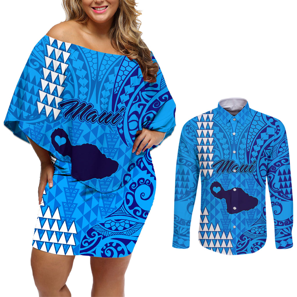 Personalised Maui Island Couples Matching Off Shoulder Short Dress and Long Sleeve Button Shirts Kakau Tribal Mixed Polynesian Pattern Blue LT9 Blue - Polynesian Pride