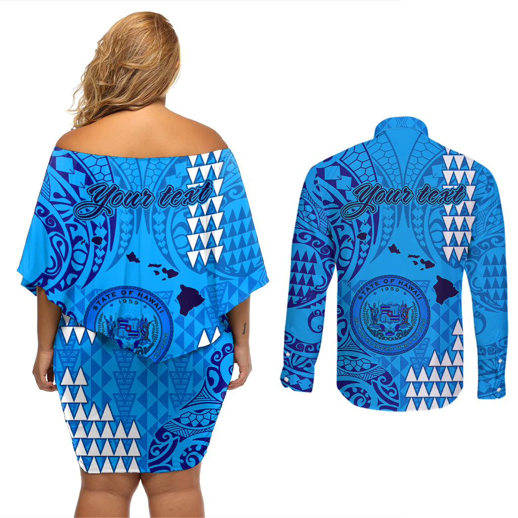 Personalised Maui Island Couples Matching Off Shoulder Short Dress and Long Sleeve Button Shirts Kakau Tribal Mixed Polynesian Pattern Blue LT9 - Polynesian Pride