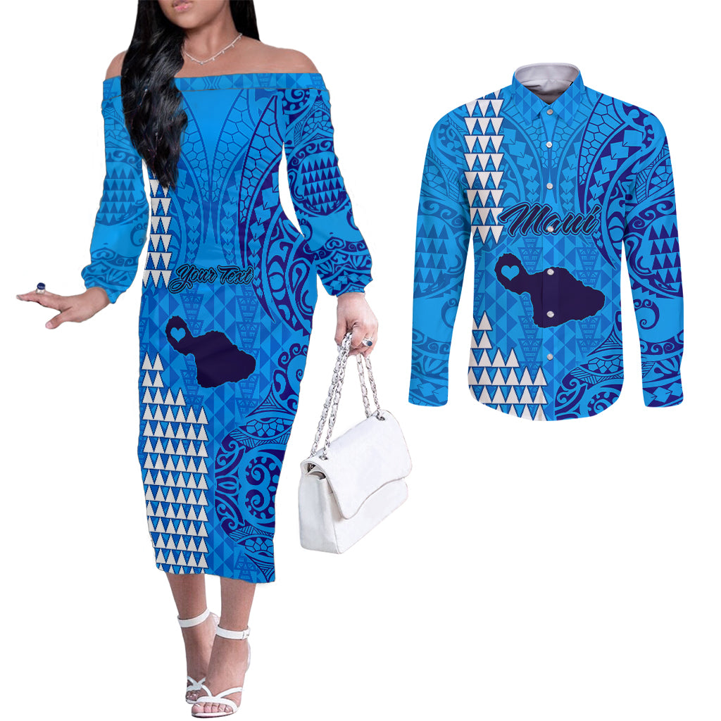 Personalised Maui Island Couples Matching Off The Shoulder Long Sleeve Dress and Long Sleeve Button Shirts Kakau Tribal Mixed Polynesian Pattern Blue LT9 Blue - Polynesian Pride