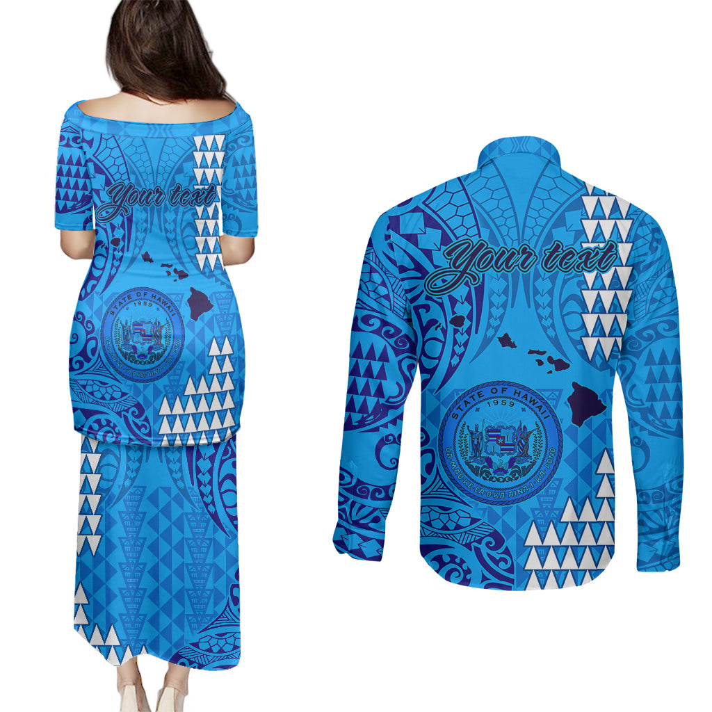 Personalised Maui Island Couples Matching Puletasi Dress and Long Sleeve Button Shirts Kakau Tribal Mixed Polynesian Pattern Blue LT9 - Polynesian Pride