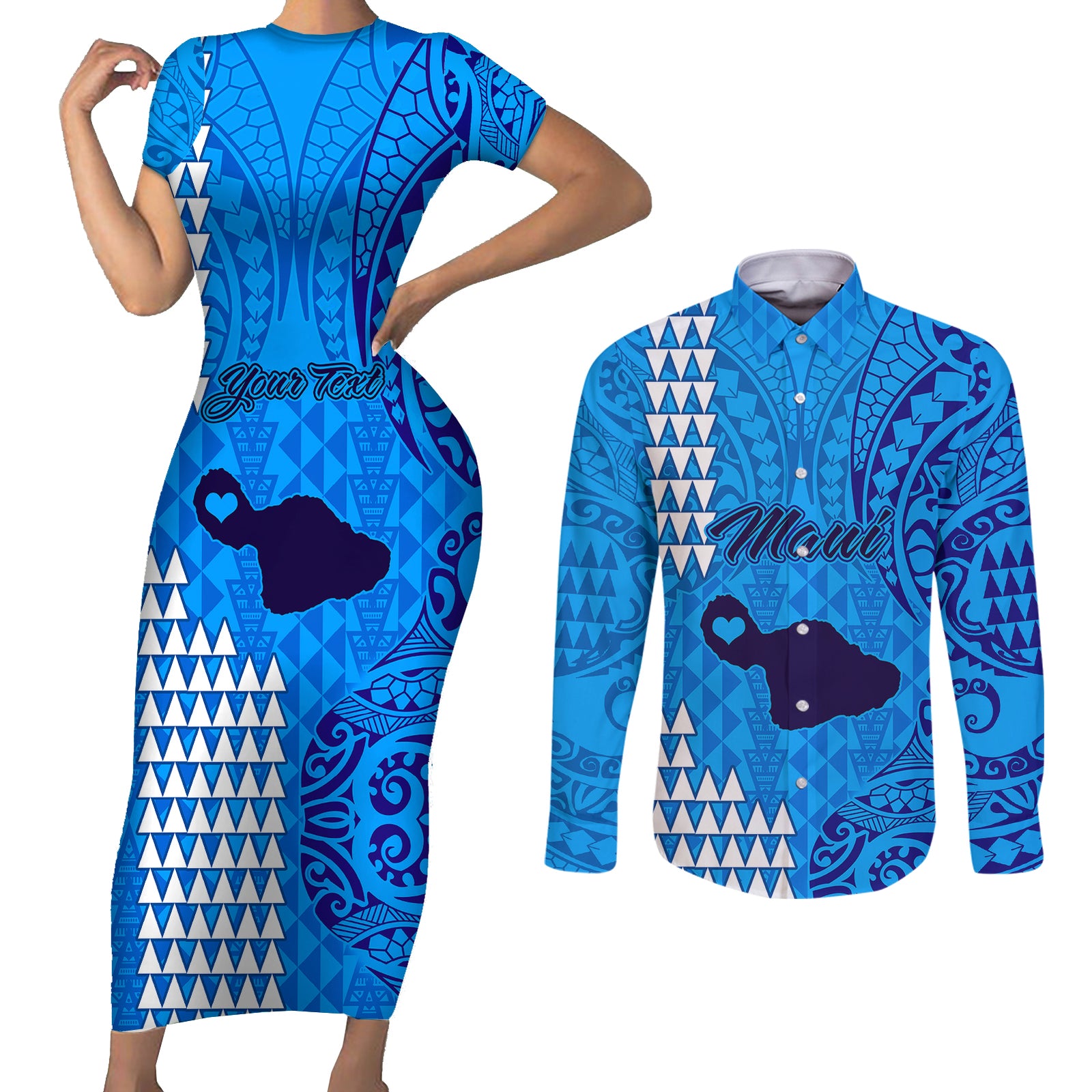 Personalised Maui Island Couples Matching Short Sleeve Bodycon Dress and Long Sleeve Button Shirts Kakau Tribal Mixed Polynesian Pattern Blue LT9 Blue - Polynesian Pride
