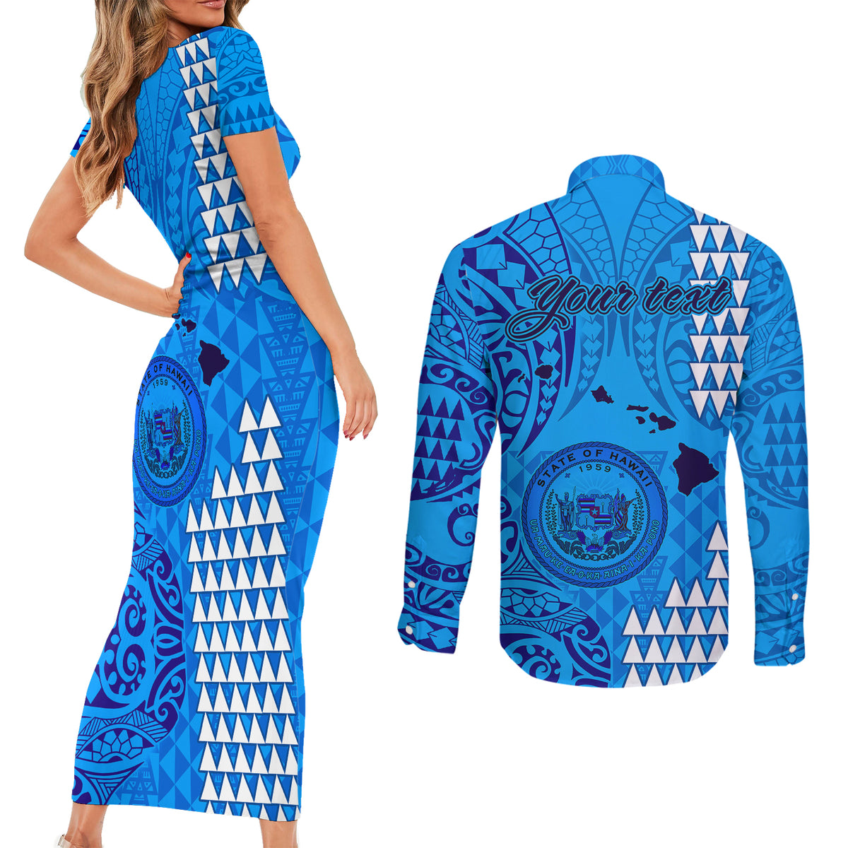 Personalised Maui Island Couples Matching Short Sleeve Bodycon Dress and Long Sleeve Button Shirts Kakau Tribal Mixed Polynesian Pattern Blue LT9 - Polynesian Pride
