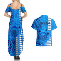 Personalised Maui Island Couples Matching Summer Maxi Dress and Hawaiian Shirt Kakau Tribal Mixed Polynesian Pattern Blue LT9 - Polynesian Pride