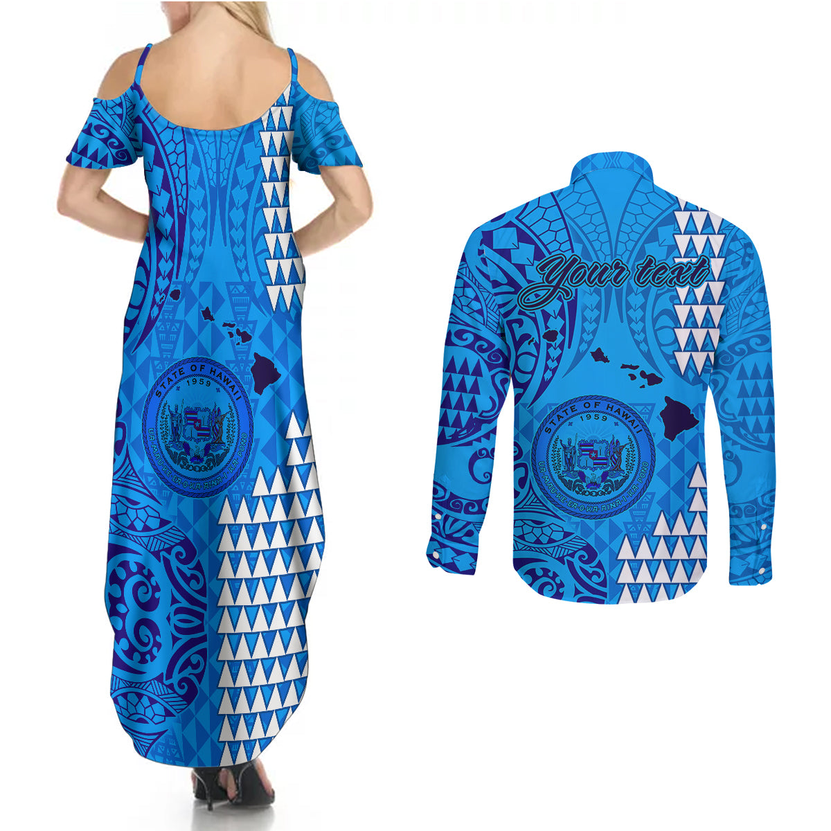 Personalised Maui Island Couples Matching Summer Maxi Dress and Long Sleeve Button Shirts Kakau Tribal Mixed Polynesian Pattern Blue LT9 - Polynesian Pride