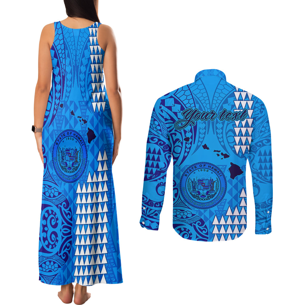 Personalised Maui Island Couples Matching Tank Maxi Dress and Long Sleeve Button Shirts Kakau Tribal Mixed Polynesian Pattern Blue LT9 - Polynesian Pride