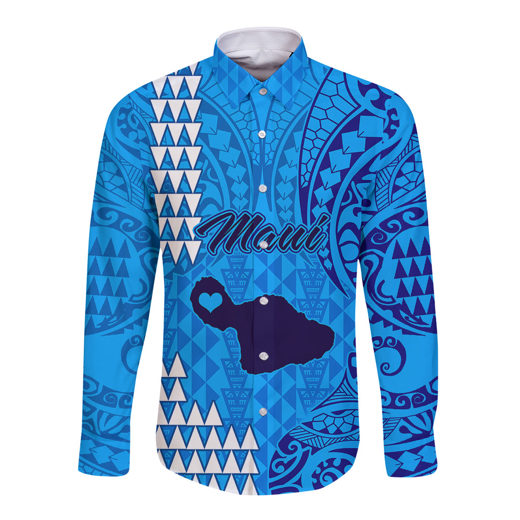 Personalised Maui Island Long Sleeve Button Shirt Kakau Tribal Mixed Polynesian Pattern Blue LT9 Unisex Blue - Polynesian Pride