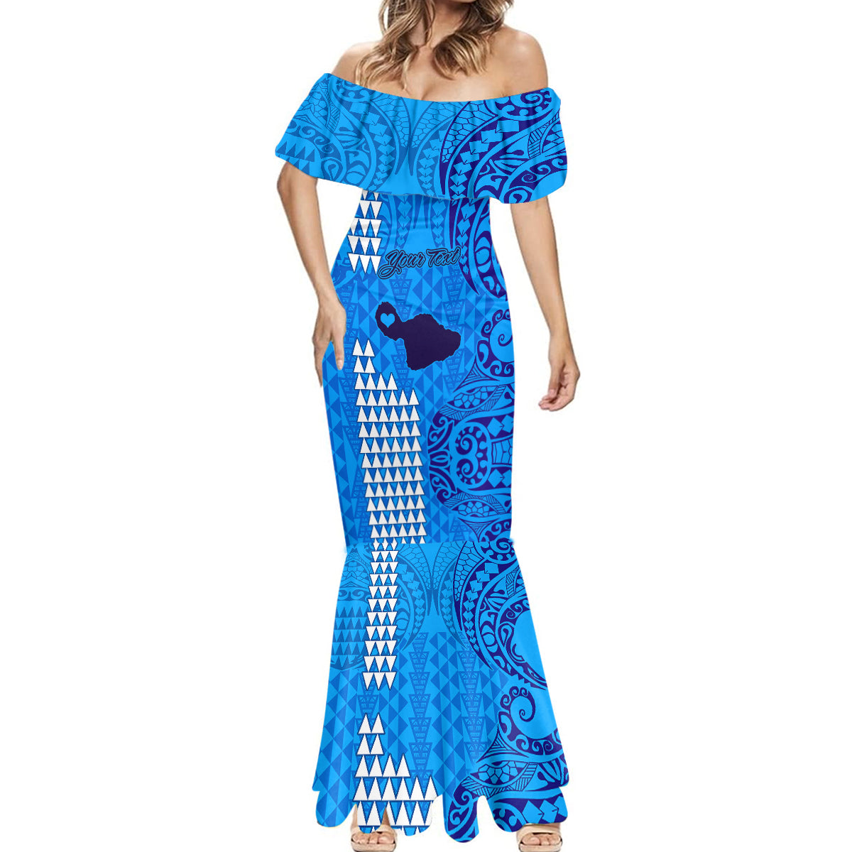 Personalised Maui Island Mermaid Dress Kakau Tribal Mixed Polynesian Pattern Blue LT9 - Polynesian Pride