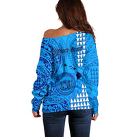 Personalised Maui Island Off Shoulder Sweater Kakau Tribal Mixed Polynesian Pattern Blue LT9 - Polynesian Pride