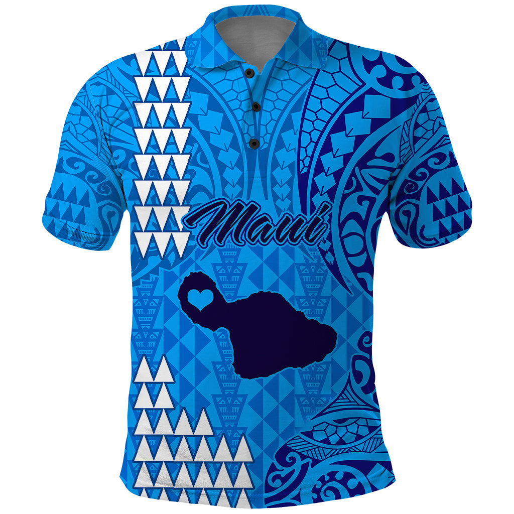 Personalised Maui Island Polo Shirt Kakau Tribal Mixed Polynesian Pattern Blue LT9 Blue - Polynesian Pride