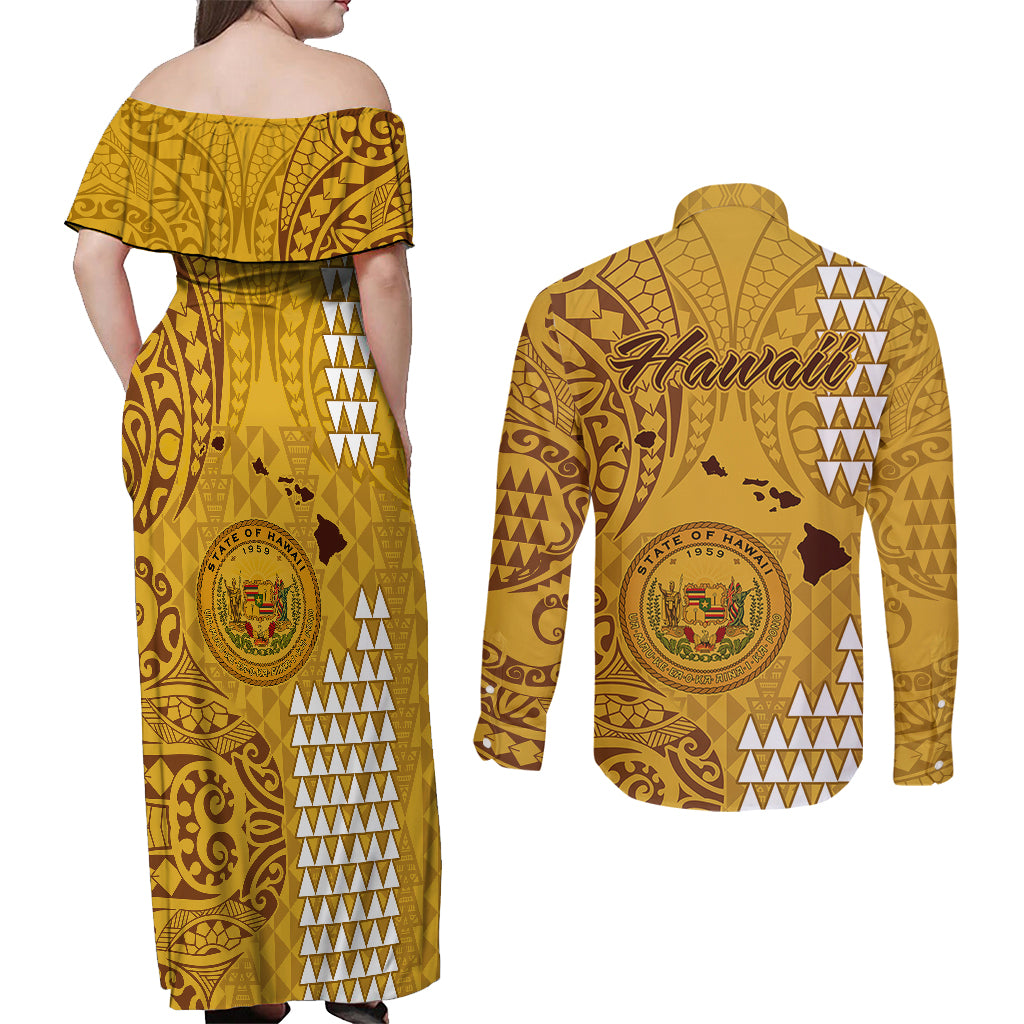 Maui Island Couples Matching Off Shoulder Maxi Dress and Long Sleeve Button Shirts Kakau Tribal Mixed Polynesian Pattern Gold LT9 - Polynesian Pride