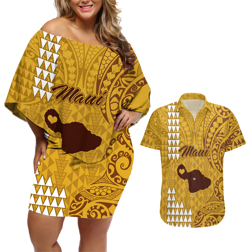 Maui Island Couples Matching Off Shoulder Short Dress and Hawaiian Shirt Kakau Tribal Mixed Polynesian Pattern Gold LT9 Gold - Polynesian Pride