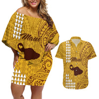Maui Island Couples Matching Off Shoulder Short Dress and Hawaiian Shirt Kakau Tribal Mixed Polynesian Pattern Gold LT9 Gold - Polynesian Pride