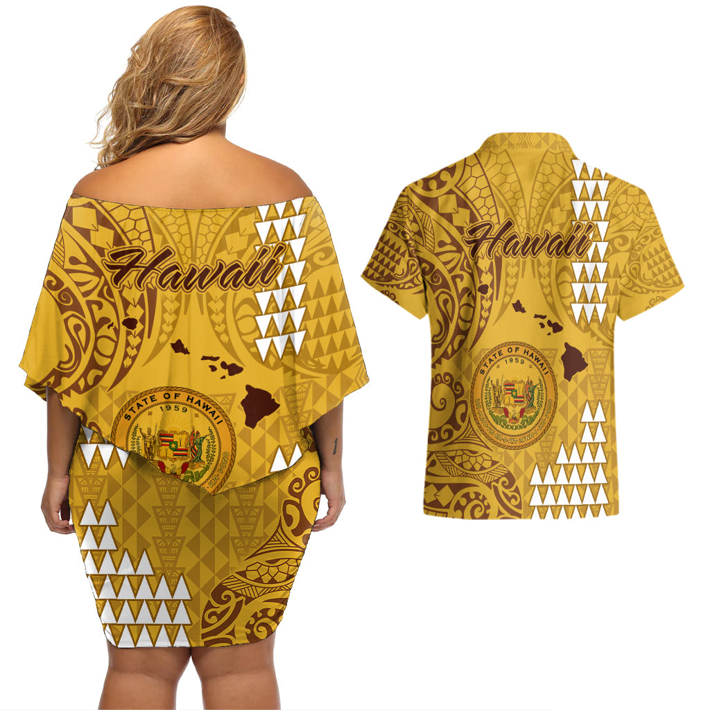 Maui Island Couples Matching Off Shoulder Short Dress and Hawaiian Shirt Kakau Tribal Mixed Polynesian Pattern Gold LT9 - Polynesian Pride