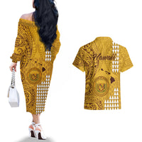 Maui Island Couples Matching Off The Shoulder Long Sleeve Dress and Hawaiian Shirt Kakau Tribal Mixed Polynesian Pattern Gold LT9 - Polynesian Pride