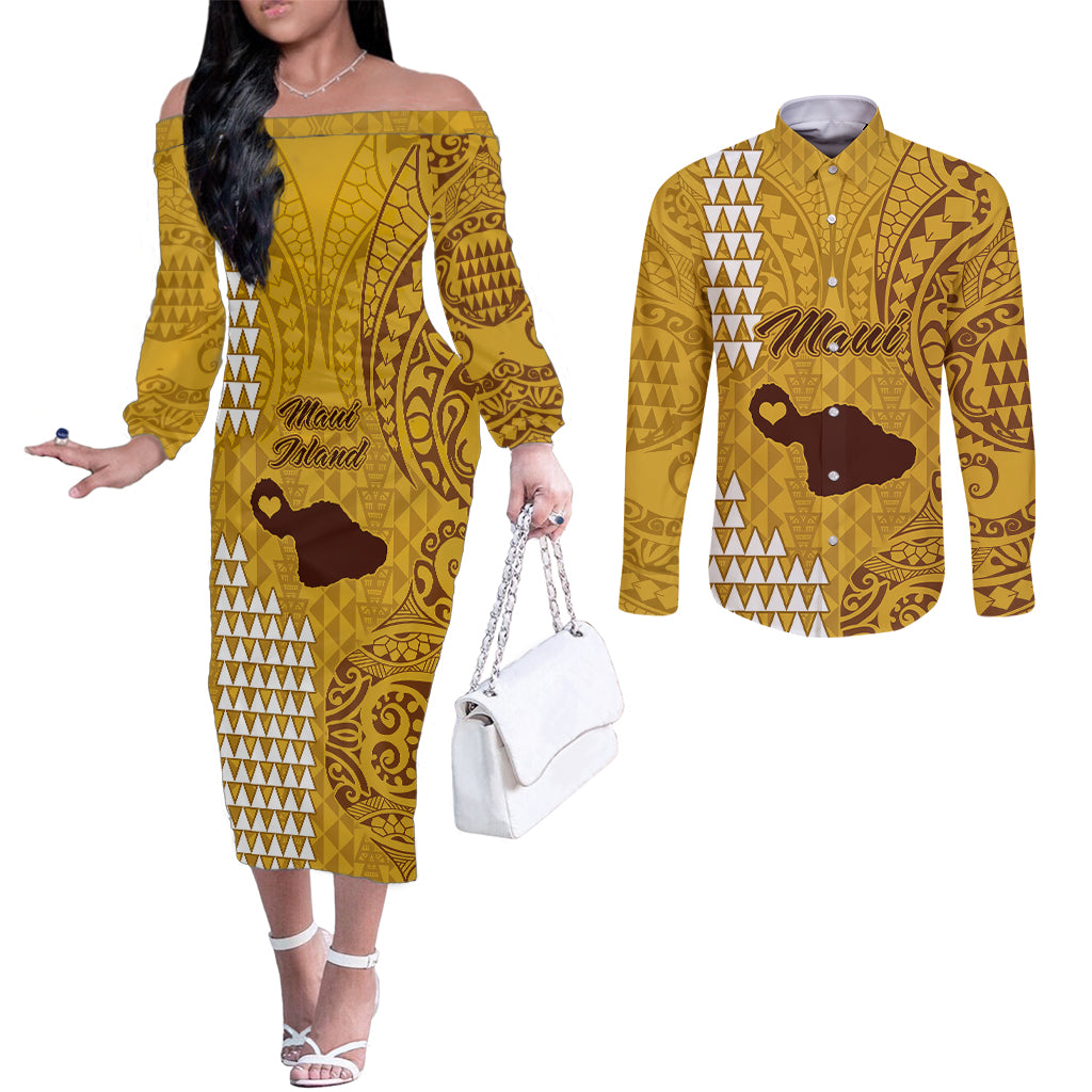 Maui Island Couples Matching Off The Shoulder Long Sleeve Dress and Long Sleeve Button Shirts Kakau Tribal Mixed Polynesian Pattern Gold LT9 Gold - Polynesian Pride